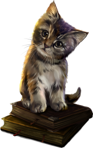 a kitten sitting on books